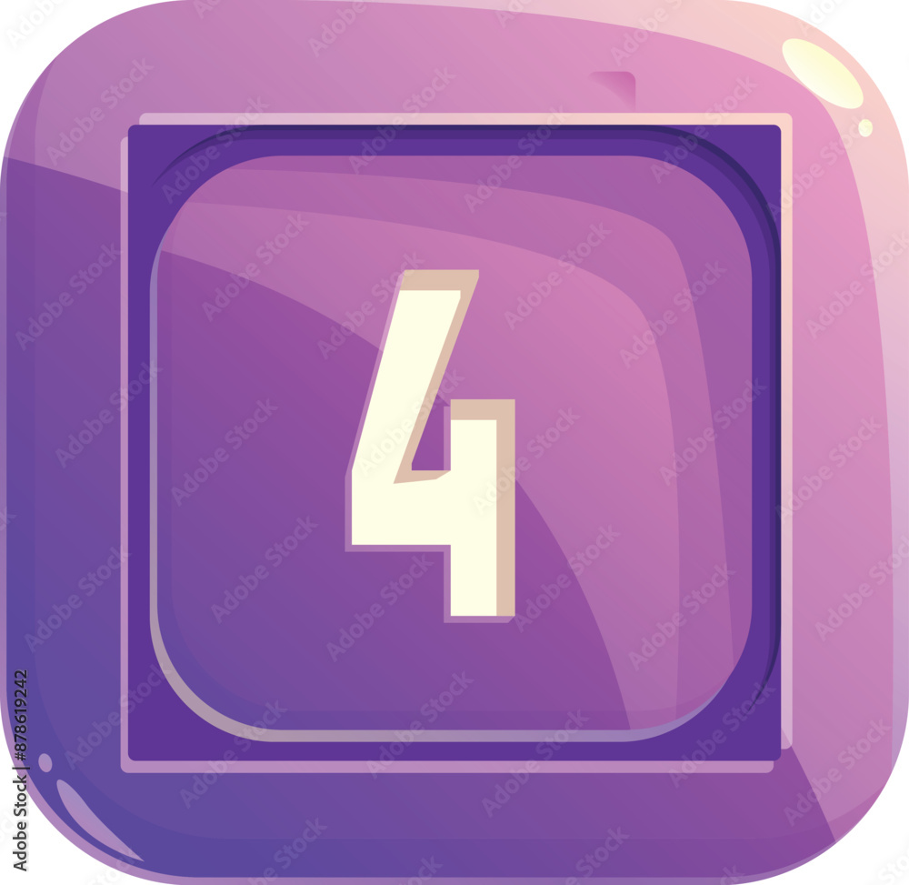 Square purple button with a cartoon style, showing the number four Square purple button with a cartoon style, showing the number four