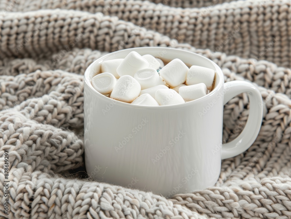 High-res photo of a white mug filled with mini marshmallows on a knitted blanket, cozy winter or holiday theme, no people, focus cover all object High-res photo of a white mug filled with mini marshmallows on a knitted blanket, cozy winter or holiday theme, no people, focus cover all object