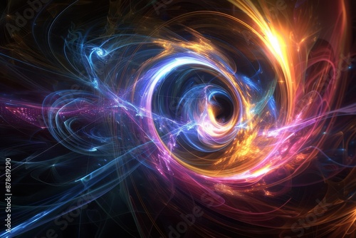 Visualization of a quantum black hole with string theory principles, dynamic and colorful energy fields, photorealistic detail