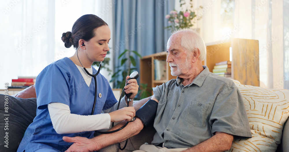 Nurse, senior man and test for blood pressure, heart beat and monitor wellness for hypertension. Home, old patient and caregiver with medical examine, cardiology and stethoscope on sofa in lounge Nurse, senior man and test for blood pressure, heart beat and monitor wellness for hypertension. Home, old patient and caregiver with medical examine, cardiology and stethoscope on sofa in lounge