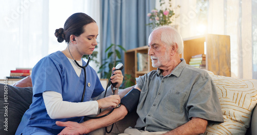 Nurse, senior man and test for blood pressure, heart beat and monitor wellness for hypertension. Home, old patient and caregiver with medical examine, cardiology and stethoscope on sofa in lounge