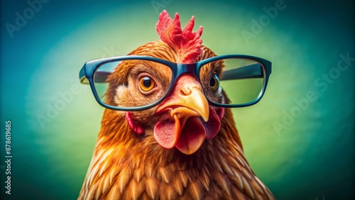 Confident, fashion-forward hen donning trendy eyewear poses triumphantly in front of bold, bright background, exuding sass and farm-fresh charm. photo