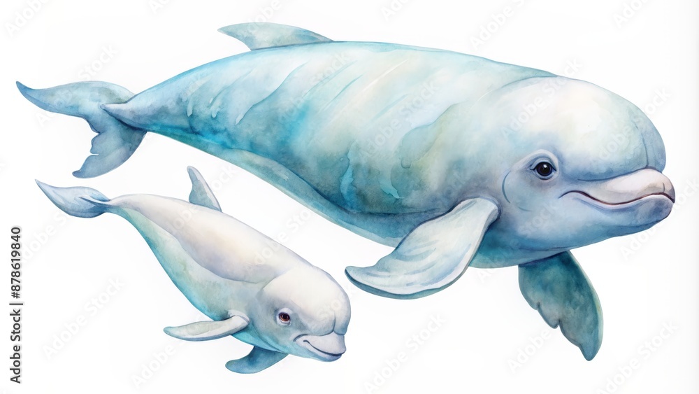 custom made wallpaper toronto digitalBeautiful illustration of two beluga whales swimming together, showcasing their gentle nature and aquatic elegance in a serene ocean setting.