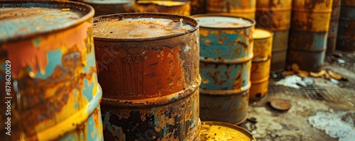 Rusting barrels leaking hazardous substances, toxic contamination, waste management