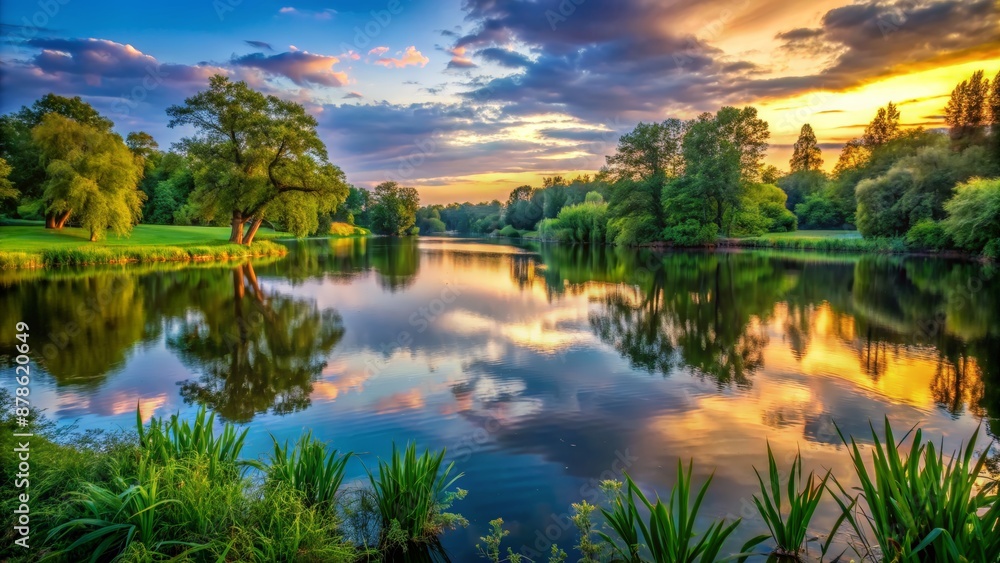 Peaceful lake view at sunset, with vibrant sky colors reflecting off the calm water, surrounded by lush green trees and plants. Peaceful lake view at sunset, with vibrant sky colors reflecting off the calm water, surrounded by lush green trees and plants.