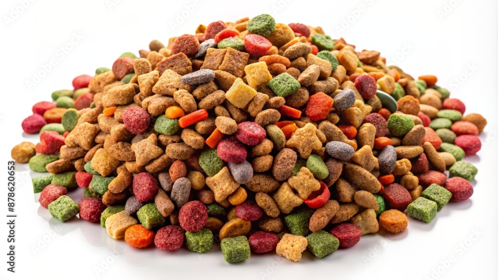 Vibrant, high-quality image of assorted pet food kibbles in various shapes, colors, and sizes scattered on a clean white background. Vibrant, high-quality image of assorted pet food kibbles in various shapes, colors, and sizes scattered on a clean white background.