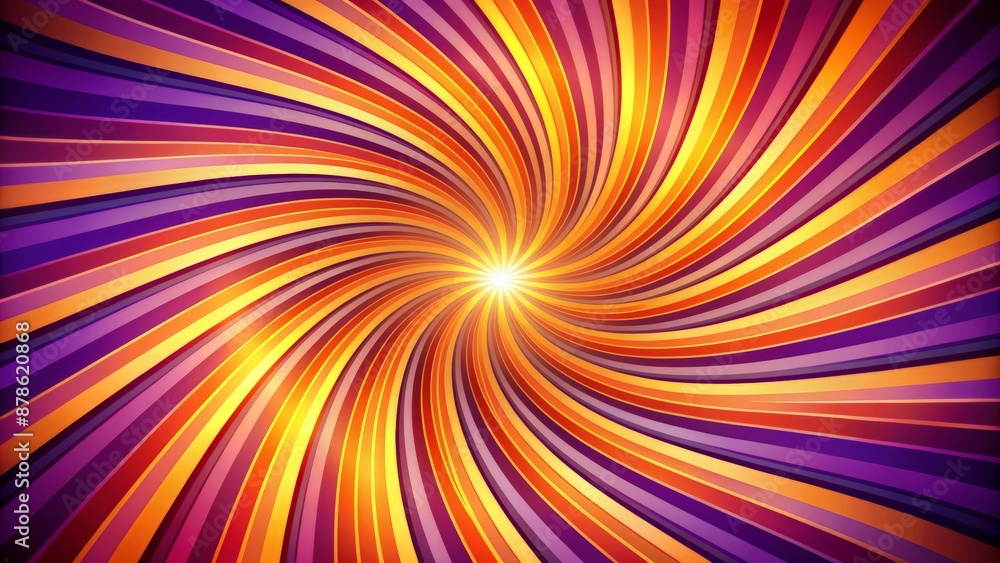Obraz premium Vibrant purple and orange stripes swirling in a mesmerizing animated spin, evoking a lively festival atmosphere with radiant sunburst rays.