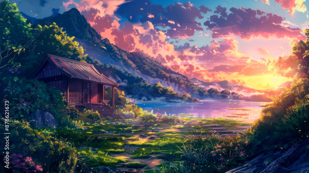 Fototapeta premium a realistic cartoon background, beautiful scenery.