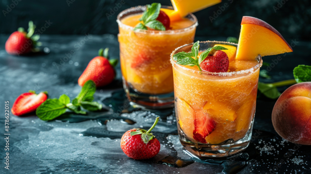 Refreshing tropical fruits smoothie closeup view , beverage perfect for summer days and health Refreshing tropical fruits smoothie closeup view , beverage perfect for summer days and health