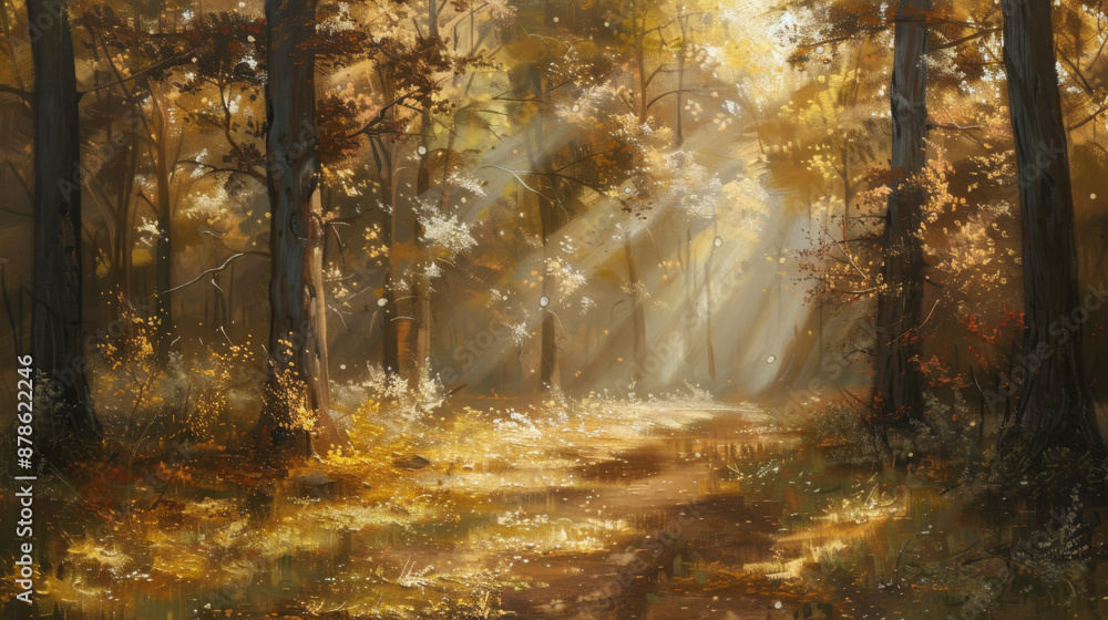 Fototapeta premium Soft, natural sunlight filtering through the trees, casting dappled light on the scene. Use warm, golden tones to create a serene and inviting ambiance