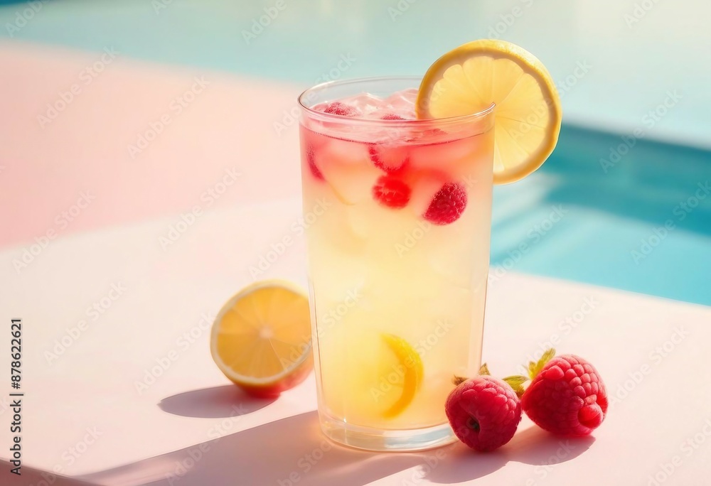 Spring or summer refreshing cold cocktail with berries and lemon, raspberry lemonade. near the pool Spring or summer refreshing cold cocktail with berries and lemon, raspberry lemonade. near the pool