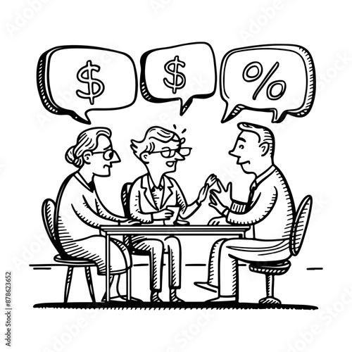 two pensioners sitting across from a pension fund employee, a speech cloud with a dollar and cent sign above their heads. Cartoon doodle illustration on a white background