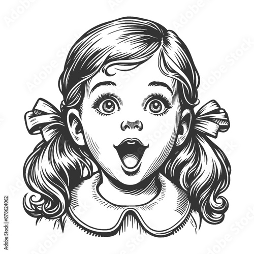 Surprised excited little girl in a dress, joyful and surprised expression sketch engraving generative ai fictional character vector illustration. Scratch board imitation. Black and white image.
