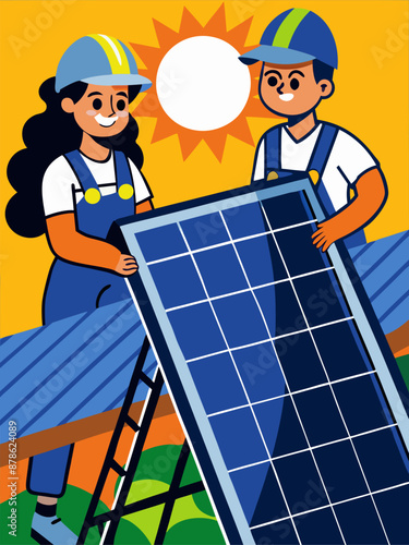 Two people are working on a solar panel. The woman is smiling and the man is wearing a hard hat