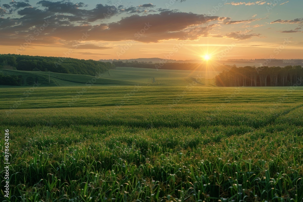 A breathtaking sunrise casts a warm glow over a vast biodiesel farm, highlighting the lush green fields and serene atmosphere. The image captures the beauty of sustainable energy and nature's harmony. A breathtaking sunrise casts a warm glow over a vast biodiesel farm, highlighting the lush green fields and serene atmosphere. The image captures the beauty of sustainable energy and nature's harmony.