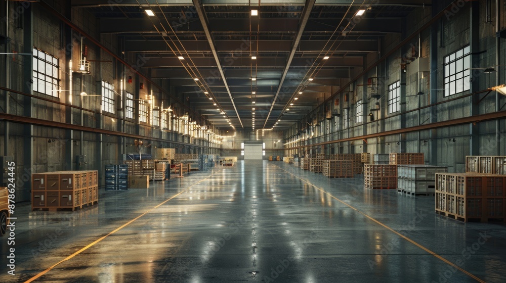 Spacious Industrial Warehouse Interior with Cargo and Shelves
