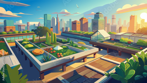 A cityscape with a garden on top of a building. The garden is filled with various plants and trees, including a few potted plants. The sky is blue and the sun is shining brightly