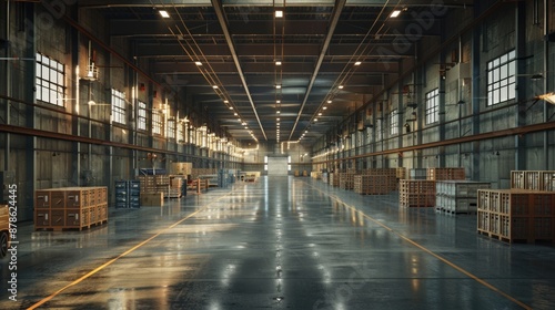 Obraz na płótnie Spacious Industrial Warehouse Interior with Cargo and Shelves w salonie