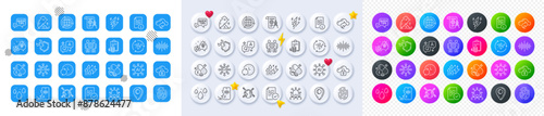 Lightning bolt, Accounting and Sound wave line icons. Square, Gradient, Pin 3d buttons. AI, QA and map pin icons. Pack of Idea, Squad, World vaccination icon. Vector