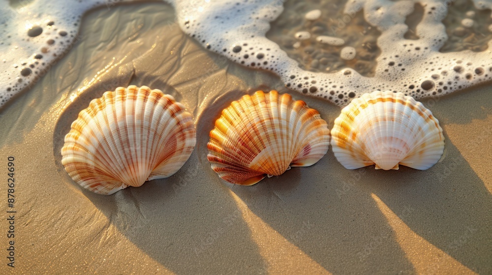 Three Seashells on Sandy Beach Three Seashells on Sandy Beach