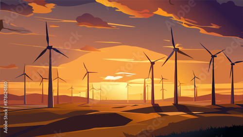 A wind farm with many wind turbines in the background. The sun is setting in the distance