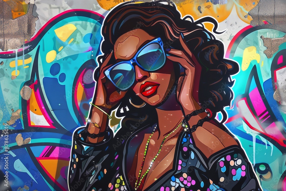 A stylish festival-goer poses confidently in front of a vibrant graffiti wall, showcasing their trendy outfit. The sequined jumpsuit and oversized sunglasses add to their glamorous aura. A stylish festival-goer poses confidently in front of a vibrant graffiti wall, showcasing their trendy outfit. The sequined jumpsuit and oversized sunglasses add to their glamorous aura.