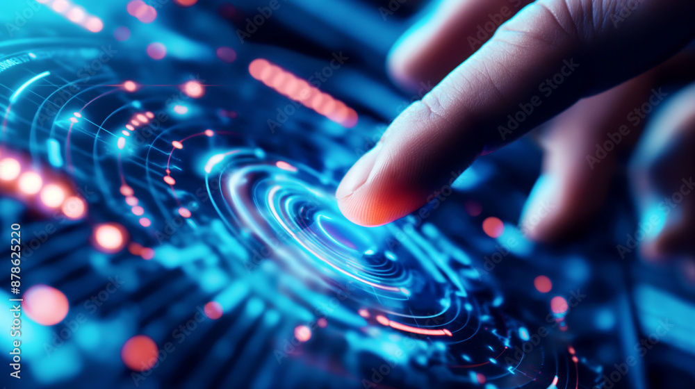 Close-up view of a finger touching an advanced digital interface with glowing effects Close-up view of a finger touching an advanced digital interface with glowing effects