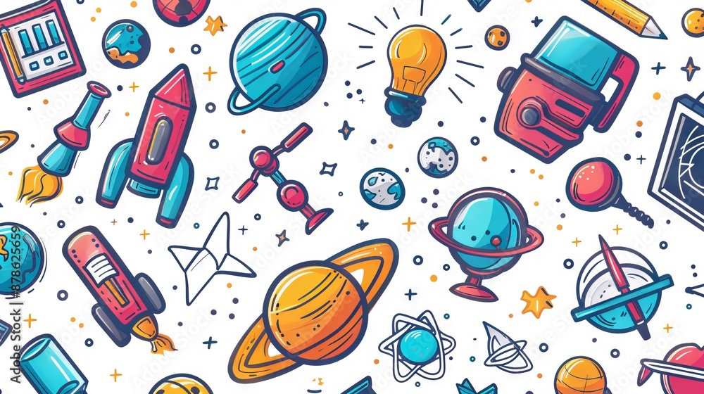 The image is a pattern of hand-drawn science and technology icons The image is a pattern of hand-drawn science and technology icons