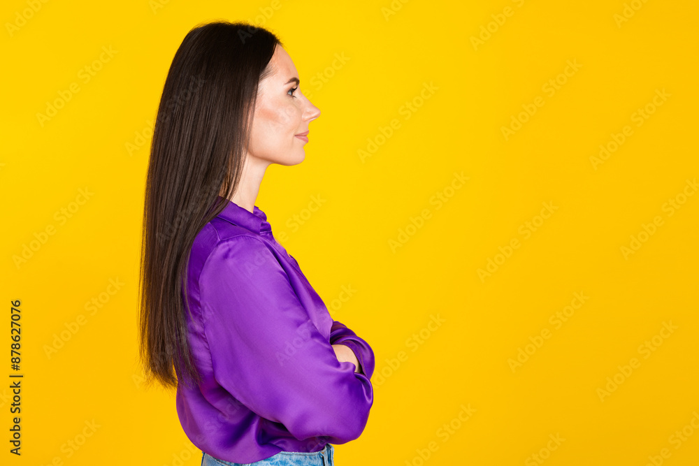 Profile side photo of successful lady look empty space with crossed hands isolated bright color background Profile side photo of successful lady look empty space with crossed hands isolated bright color background