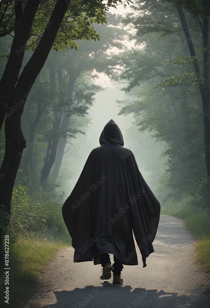 Shadowy figure in a dark hooded cloak Shadowy figure in a dark hooded cloak