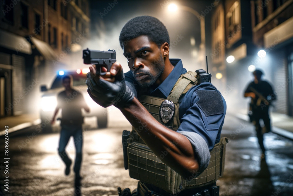 Police officer aiming at criminal Police officer aiming at criminal