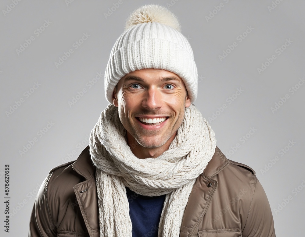 Festive winter portrait of a surprised, smiling American man wearing cozy seasonal clothing with copy space on white background Festive winter portrait of a surprised, smiling American man wearing cozy seasonal clothing with copy space on white background