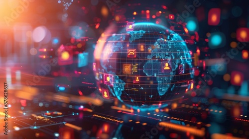 A vibrant 3D illustration of a globe surrounded by digital marketing icons, symbolizing global reach and online marketing strategies.