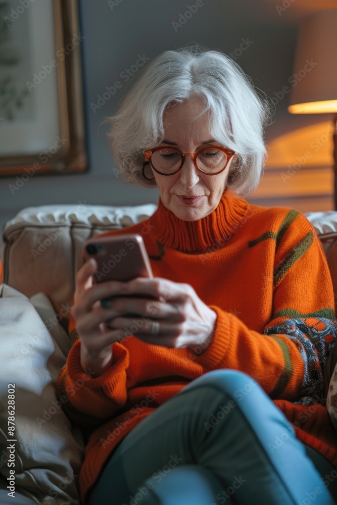 A woman sits on a couch, focused on her cell phone A woman sits on a couch, focused on her cell phone