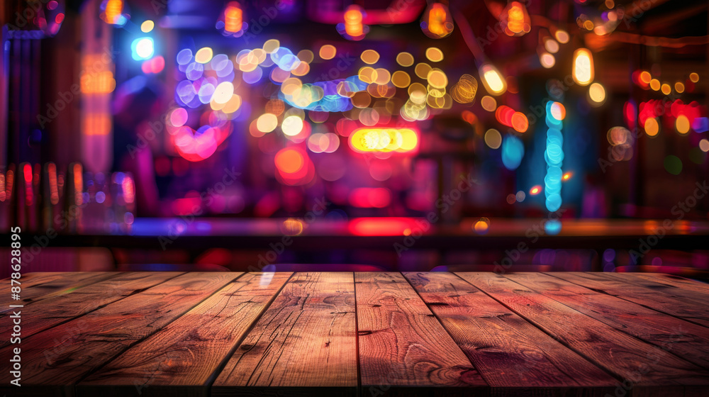 Empty wooden table with neon light bokeh background, night view, blurred bokeh lights background, generative ai Empty wooden table with neon light bokeh background, night view, blurred bokeh lights background, generative ai