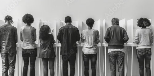 Diverse Group of People at Voting Booths. A diverse group of seven people, viewed from the back, casting their votes at individual voting booths. Image highlights participation in democratic process.