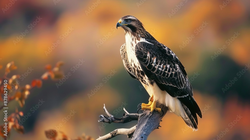 Fototapeta premium A majestic hawk perched on an autumn branch.