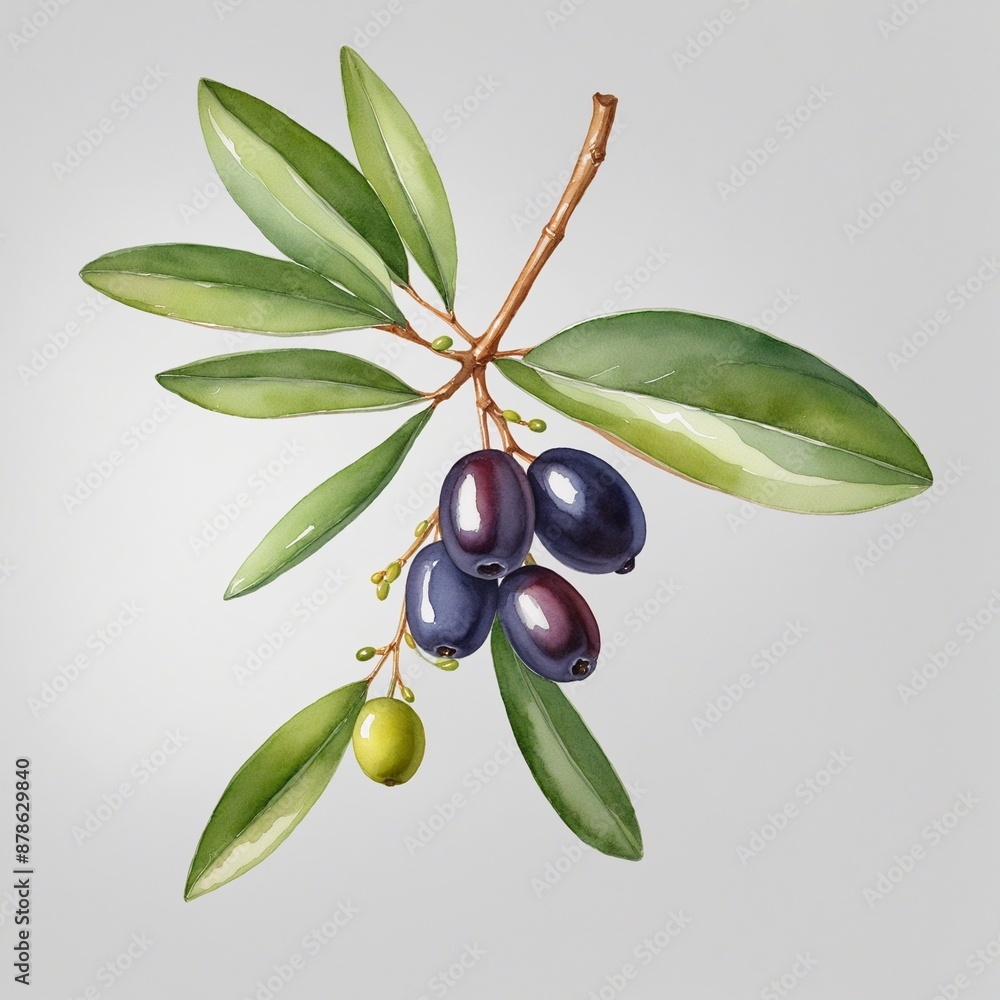 Watercolor illustration of a healthy snack option: Olive branch isolated on a white background Watercolor illustration of a healthy snack option: Olive branch isolated on a white background