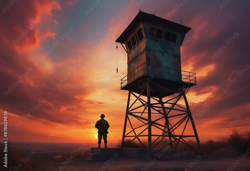 silhouette of a soldier standing guard on a military watchtower during a dramatic sunset silhouette of a soldier standing guard on a military watchtower during a dramatic sunset