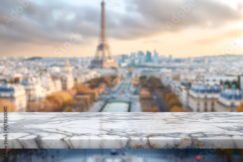 Fototapeta Naklejka Na Ścianę i Meble -  Empty marble table with a blurry view of the lights of Paris background for advertising and for product display, Eiffel tower and parisian roofs at sunrise Paris, France