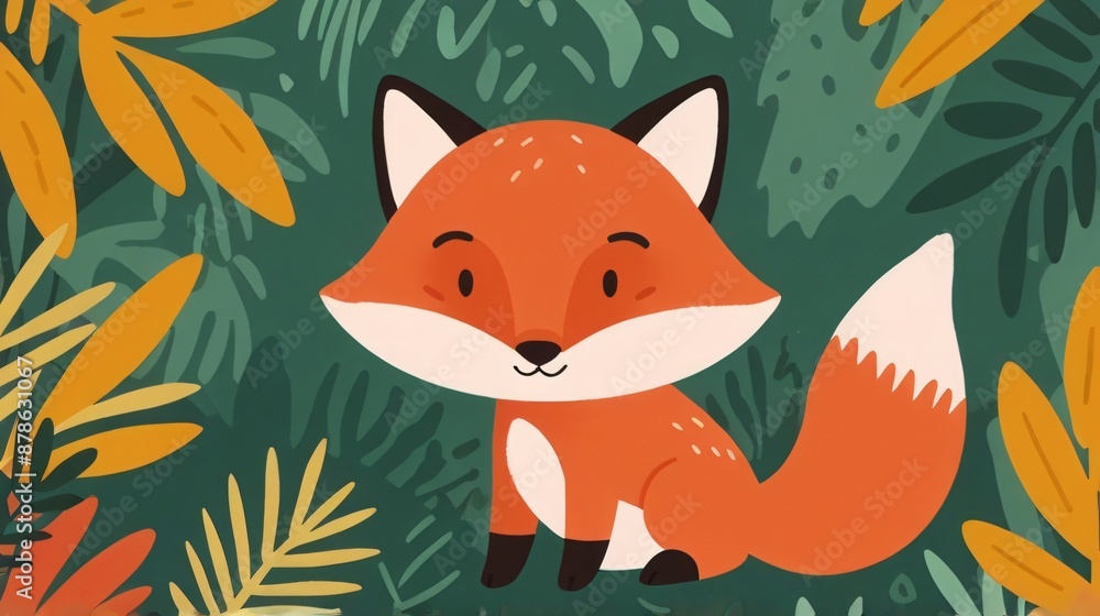 flat illustration red fox with jungle background flat illustration red fox with jungle background