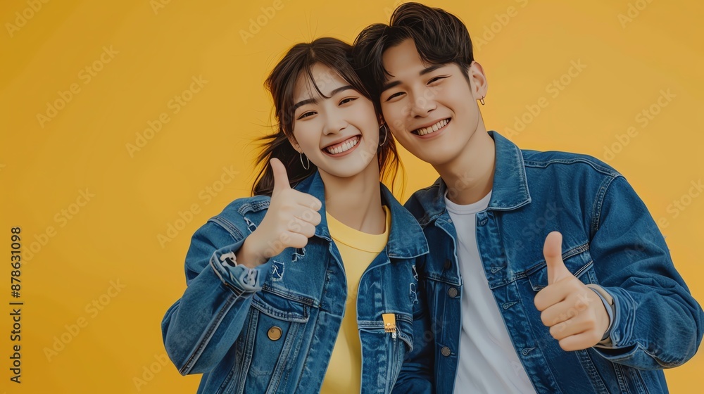 Happy young couple in denim jackets giving thumbs up against a vibrant yellow background. Cheerful and joyful expression. Happy young couple in denim jackets giving thumbs up against a vibrant yellow background. Cheerful and joyful expression.