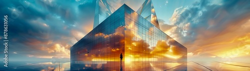 dynamic camera angle of a futuristic skyscraper piercing through clouds