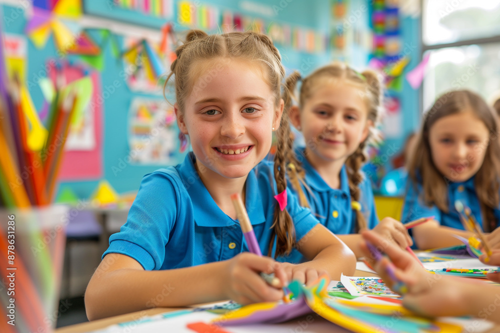 Fototapeta premium Children in arts class enjoying drawing and making crafts for school