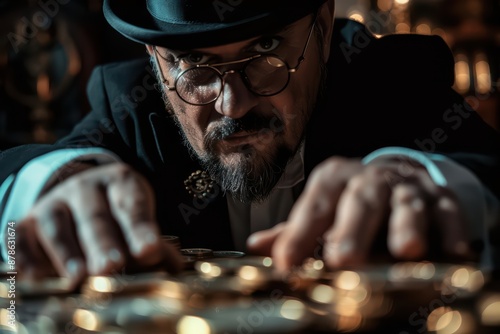 A bizarre auctioneer, using otherworldly gadgets, bids on magical artifacts and rare currencies in an advanced, hightech setting, with copy space