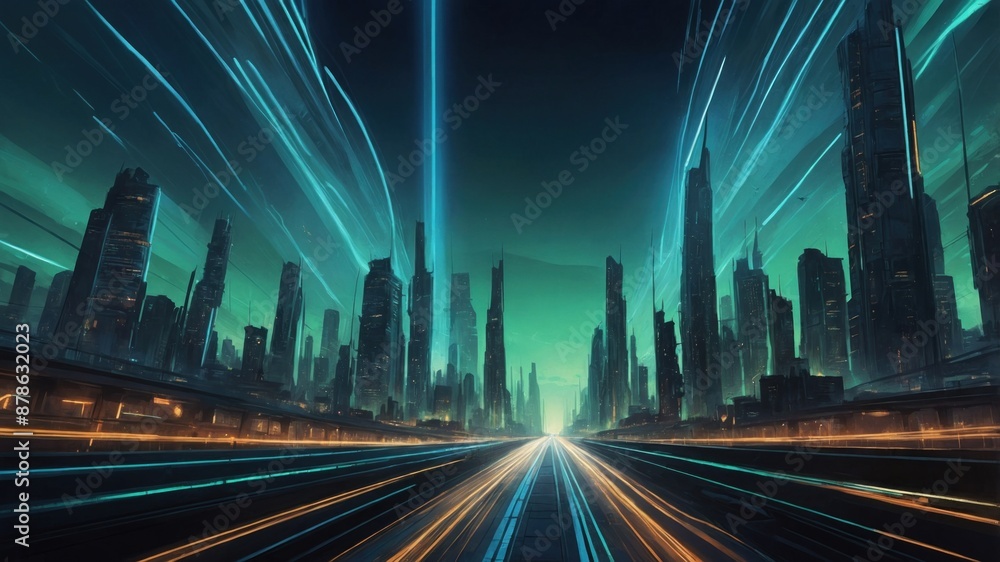 Fototapeta premium Illustration sketch, night neon futuristic cityscape and highway
