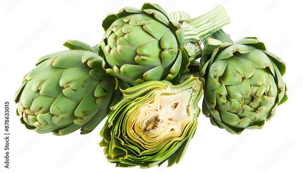 Fototapeta premium Fresh Artichokes and half isolated on white background closeup. Top view. Flat lay