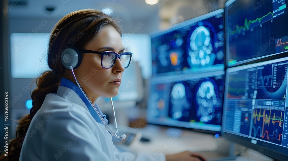 Nurse Remotely Monitoring Patients via High-Tech Dashboard in Modern Clinic Nurse Remotely Monitoring Patients via High-Tech Dashboard in Modern Clinic