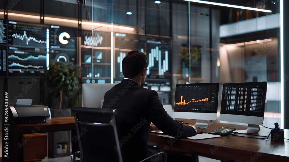 Sophisticated business executive immersed in analyzing intricate financial data and digital displays surrounded by a clean minimalist corporate interior with cinematic lighting Sophisticated business executive immersed in analyzing intricate financial data and digital displays surrounded by a clean minimalist corporate interior with cinematic lighting