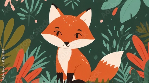 flat illustration red fox with jungle background © Iqbal